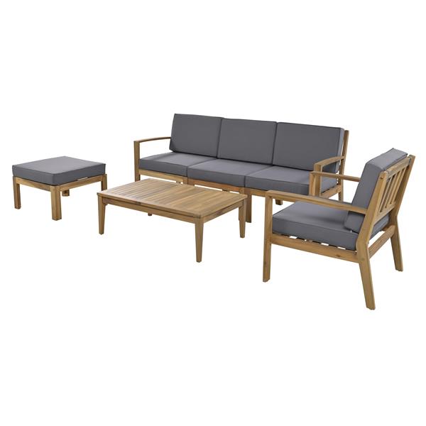 6-Piece Acacia Wood Frame Patio Sectional Sofa Set with Coffee Table and Removable Cushion for Garden Backyard Patio and Poolside(Grey)