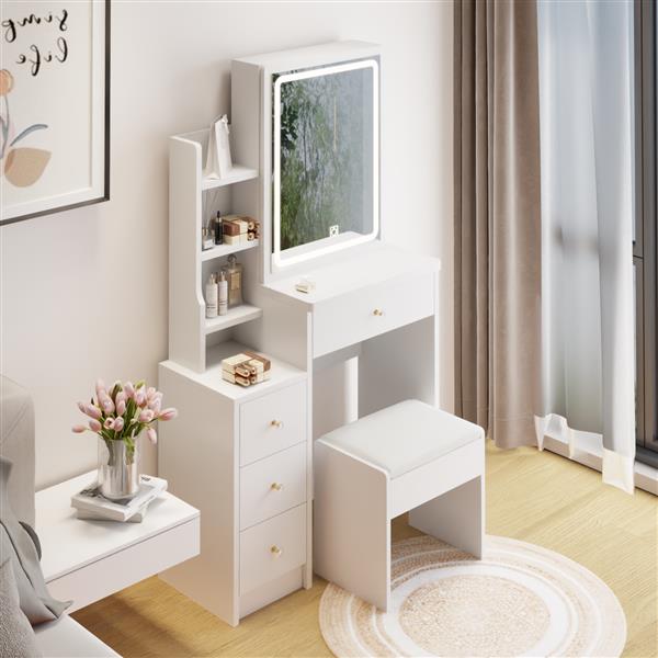 Small Size Left Bedside Cabinet Vanity Table + Cushioned Stool, Extra Large Touch Control Sliding LED Mirror, Tri-color Switching, Brightness Adjustable, Suitable for Girls No More Than 5.6ft Tall