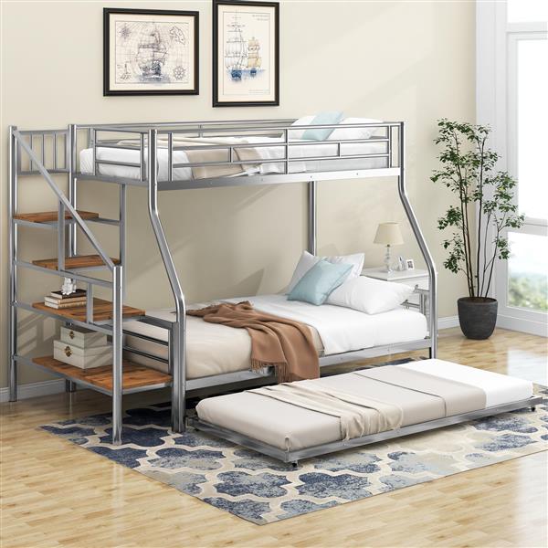 Twin over Full Size Metal Bunk Bed with Trundle and Storage Staircase, Silver