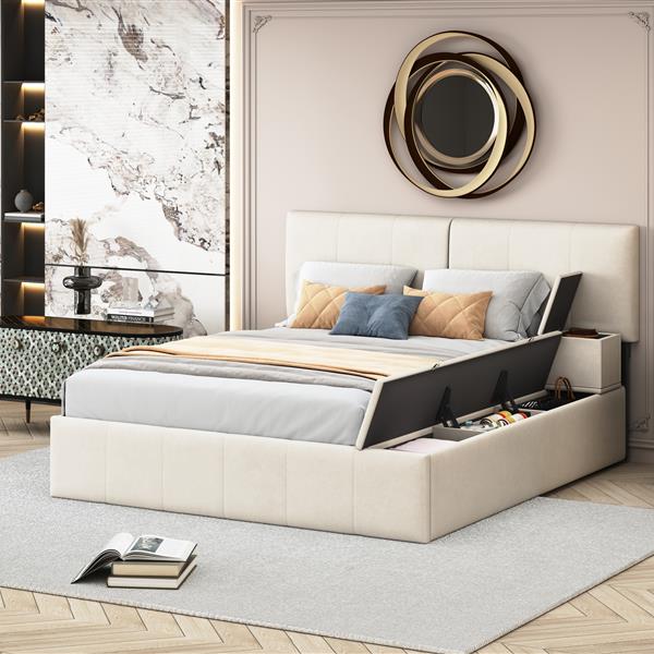 Queen Size Upholstered Platform Bed with Lateral Storage Compartments and Thick Fabric, Velvet, Beige