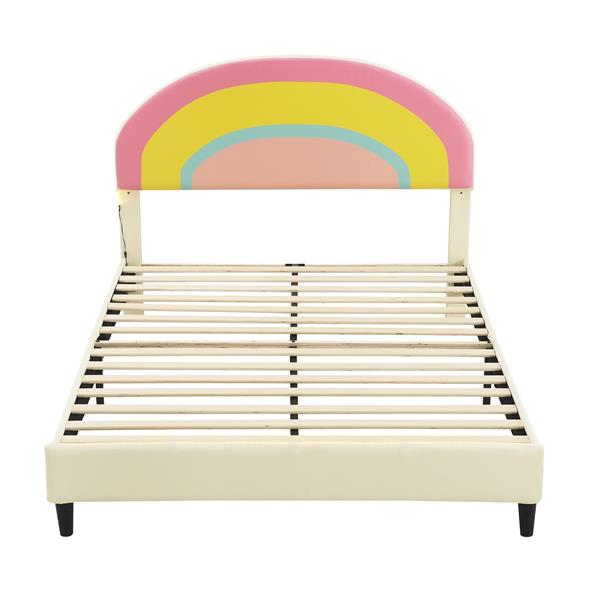 Full Size Upholstered Platform Bed with Rainbow Shaped and Height-adjustbale Headboard,LED Light Strips,Beige