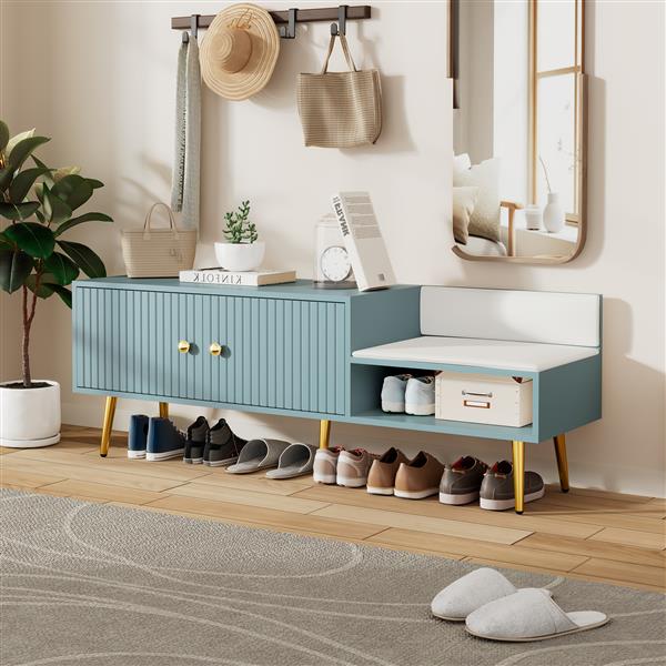 Modern Shoe Storage Bench with Hidden Storage and Upholstered Cushions for Bedside, Living Room and Entryway (Tiffany Blue)