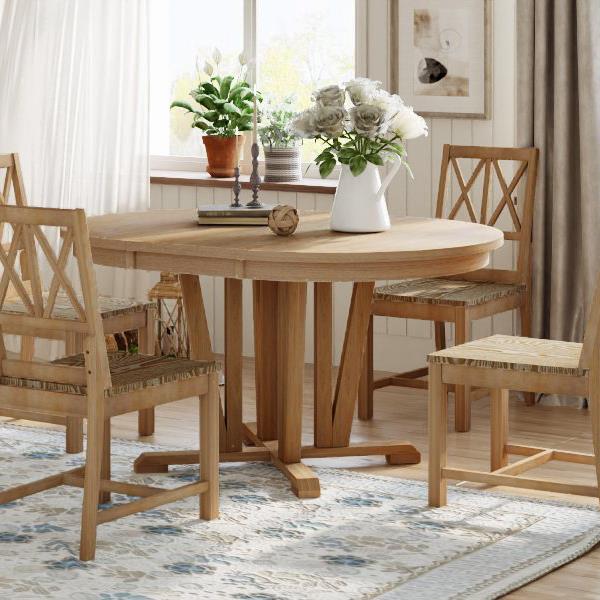 Rustic 5-Piece Extendable Dining Table Set Round Trestle Table and 4 Cross Back Dining Chairs for Kitchen, Dining Room, Natural