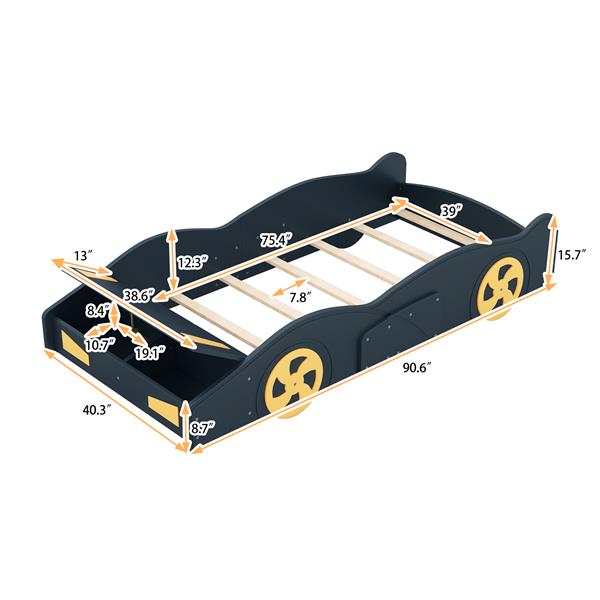 Twin Size Race Car-Shaped Platform Bed with Wheels and Storage, Dark Blue+Yellow