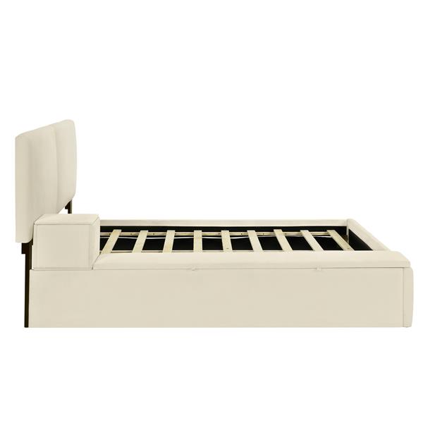 Queen Size Upholstered Platform Bed with Lateral Storage Compartments and Thick Fabric, Velvet, Beige