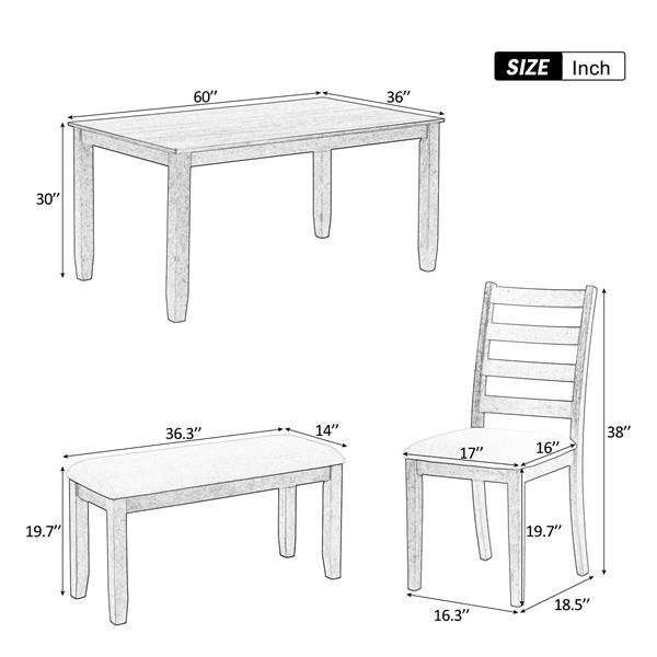 Rustic Style 6-Piece Dining Room Table Set with 4 Upholstered Chairs & a Bench (Brown + Whitewash)