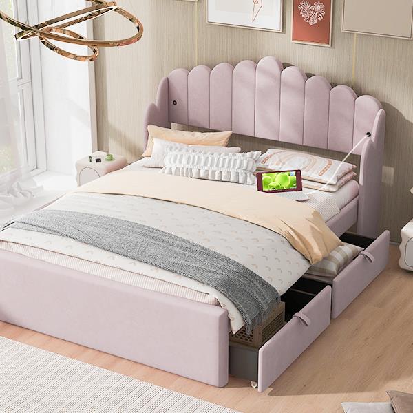 Full Size Upholstered Platform Bed with 4 Drawers and 2 USB, Pink