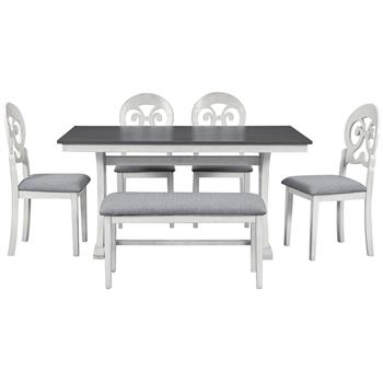 Mid-Century 6-Piece Trestle Table Set with Victorian Round Upholstered Dining Chairs and Long Bench, Gray+Antique White