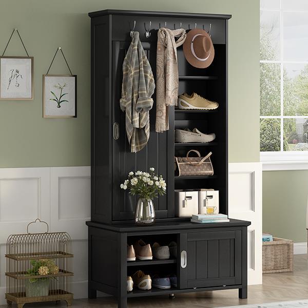 Multifunctional Hall Tree with Sliding Doors, Wooden Hallway Shoe Cabinet with Storage Bench and Shelves, Mudroom Coat Storage with Hanging Hooks for Entryways, Black