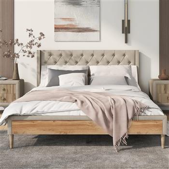 Upholstered Platform Bed with Rubber Wood Legs,No Box Spring Needed, Linen Fabric,Queen Size-Beige