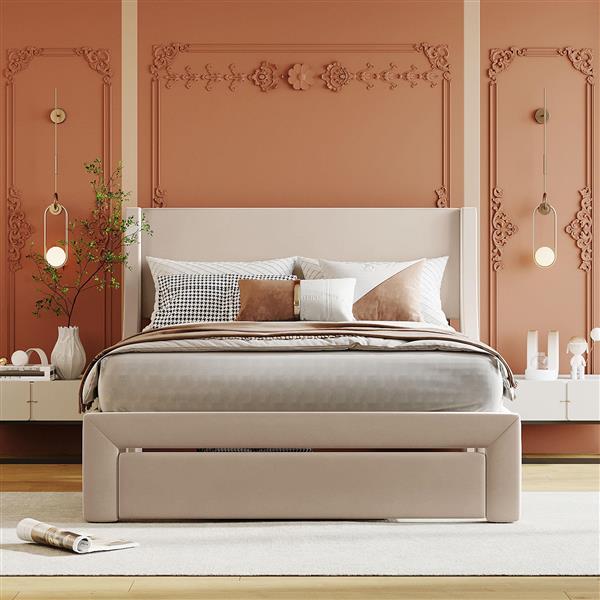 Full Size Storage Bed Velvet Upholstered Platform Bed with a Big Drawer - Beige