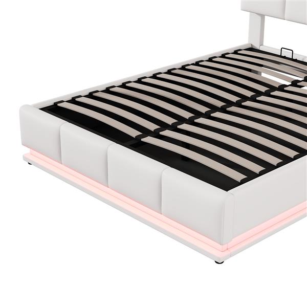 Full Size Tufted Upholstered Platform Bed with Hydraulic Storage System,PU Storage Bed with LED Lights and USB charger, White