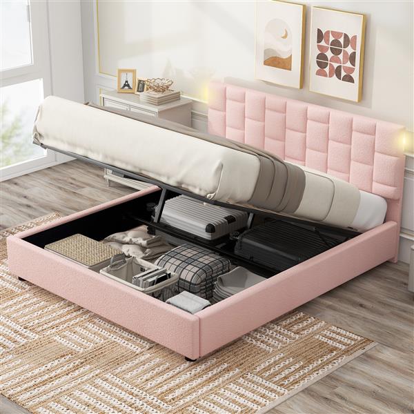 Queen Size Upholstered Platform bed with Height-adjustable Headboard and Under-bed Storage Space,Pink