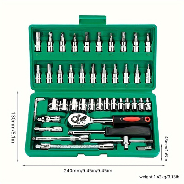 Saruu-46 Piece Drive Socket Set with Ratchet Wrench, Extension Bar, and Durable Case - 1/4" Drive, Versatile Pneumatic Tool Kit for Auto & Home Repair, Made with Premium Metal Materials