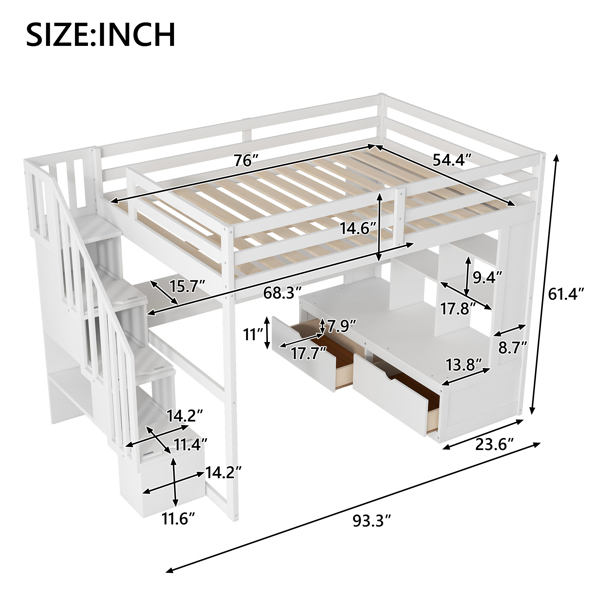 Full Size Loft Bed with Desk and Shelves, Two Built-in Drawers, Storage Staircase, White 