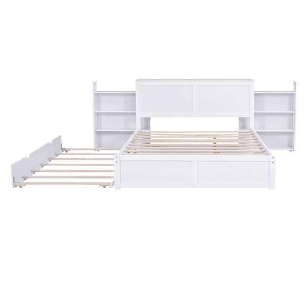 Queen Size Storage Platform Bed with Pull Out Shelves and Twin  XL Size Trundle, White