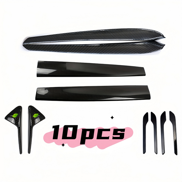 10pcs Compatible for Model 3 Y Carbon Fiber ABS Interior Accessories Support Car Center Console Dashboard Cover & Door Trim Stickers (Black)