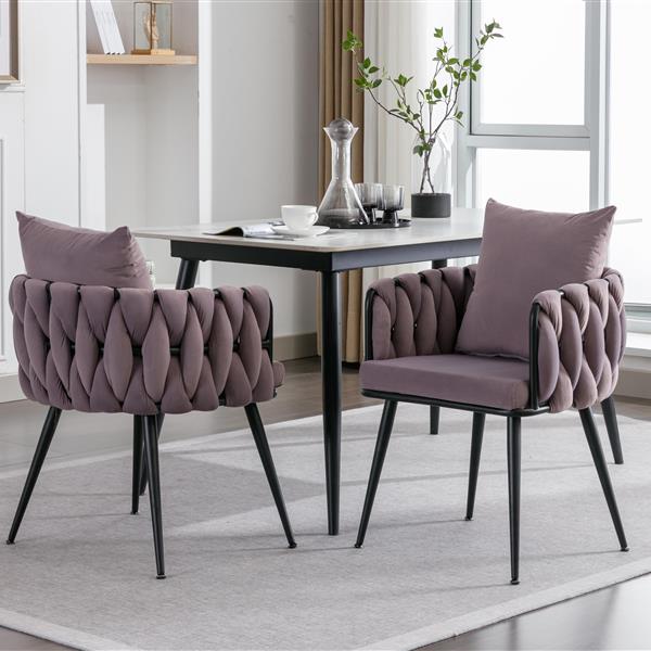 Pure Purple Modern Velvet Dining Chairs Set of 2 Hand Weaving Accent Chairs Living Room Chairs Upholstered Side Chair with Black Metal Legs for Dining Room Kitchen Vanity Living Room