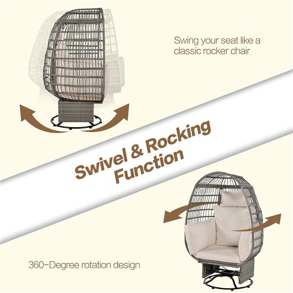 Outdoor Swivel Chair with Cushions, Rattan Egg Patio Chair with Rocking Function for Balcony, Poolside and Garden (Grey Wicker + Beige Cushion)