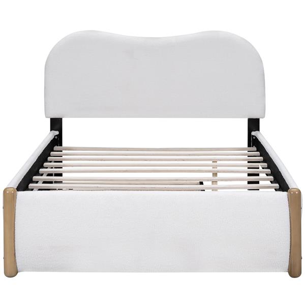 Full Size Upholstered Platform Bed with Wood Supporting Feet and Twin Size Trundle, White