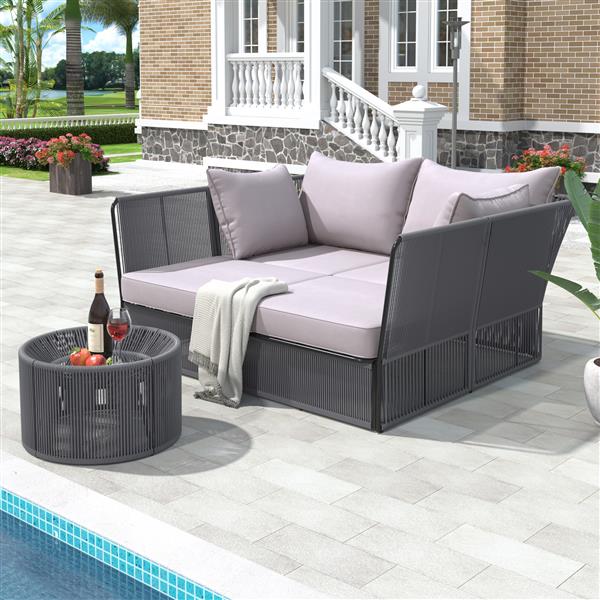 2-Piece Outdoor Sunbed and Coffee Table Set, Patio Double Chaise Lounger Loveseat Daybed with Clear Tempered Glass Table for the patio, poolside (Grey Cushion + Dark Grey Rope)