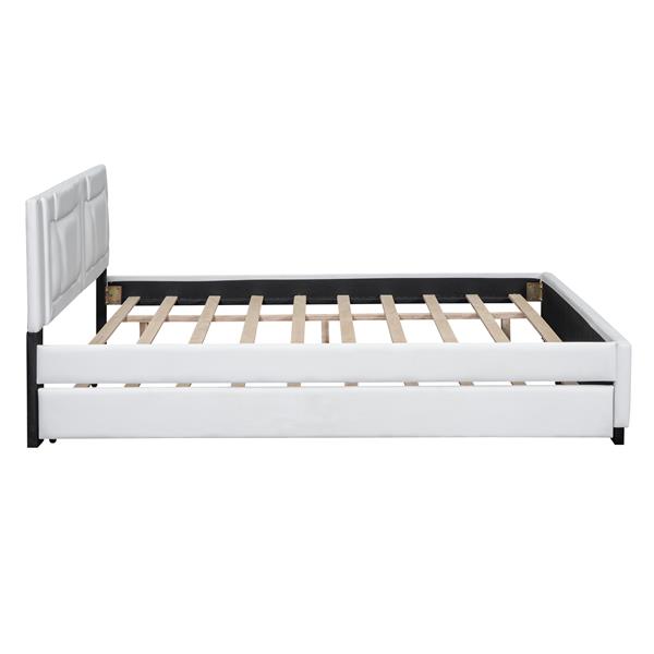 Queen Size Upholstered Platform Bed with Headboard and Twin Size Trundle, White