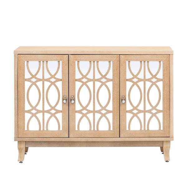 Sideboard with Glass Doors, 3 Door Mirrored Buffet Cabinet with Silver Handle for Living Room, Hallway, Dining Room (Natural Wood Wash)