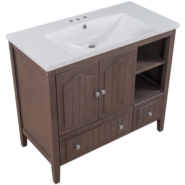 [VIDEO] 36" Bathroom Vanity with Ceramic Basin, Bathroom Storage Cabinet with Two Doors and Drawers, Solid Frame, Metal Handles, Brown