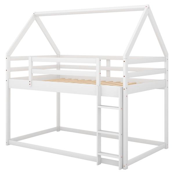 Twin over Twin Low Bunk Bed, House Bed with Ladder , White