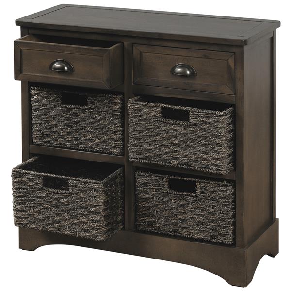 Rustic Storage Cabinet with Two Drawers and Four  Classic Rattan Basket for Dining Room/Living Room (Brown Gray)