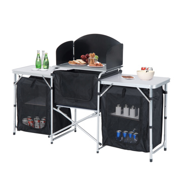 Aluminum Portable Camping Kitchen Fold-Up Cooking Table With Windscreen and 3 Enclosed Cupboards for BBQ, Party, Picnics, Backyards 