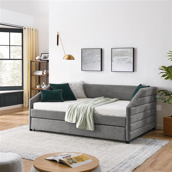 Full Size Daybed with Trundle Upholstered Tufted Sofa Bed, Linen Fabric, Grey (82.5"x58"x34")