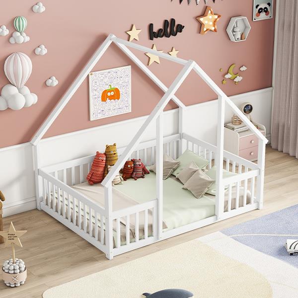 Full Wood House-Shaped Floor Bed with Fence, Guardrails,White