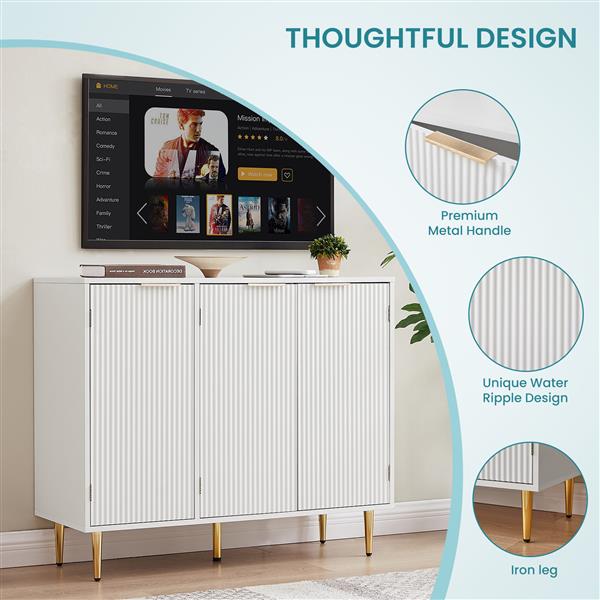 Storage cabinet Wave pattern three door buffets & sideboards for living room, dining room, bedroom , hall, white, 39.4''w x 15.8''d x 33.5''h.