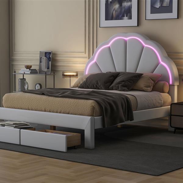 Full Size Upholstered Platform Bed with Seashell Shaped Headboard, LED and 2 Drawers, White