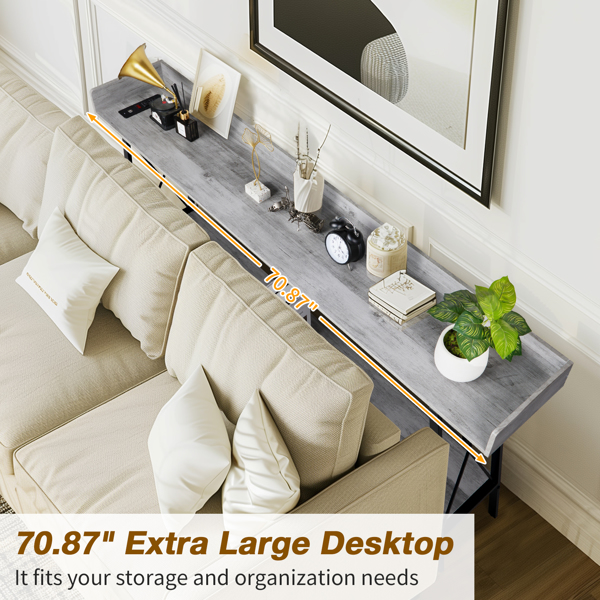 70.9 inch Extra Long Console Table with 2 Power Outlets & USB Ports, Rustic Industrial Sofa Table Behind Couch for Living Room, Narrow Entryway Hallway Long Bar Table, Gray