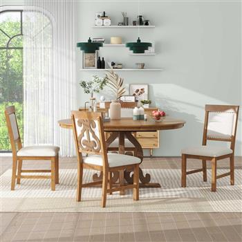 5-Piece Retro Functional Dining Set, 1 Extendable Table with a 16-inch Leaf and 4 Upholstered Chairs for Dining Room and Kitchen (Walnut)