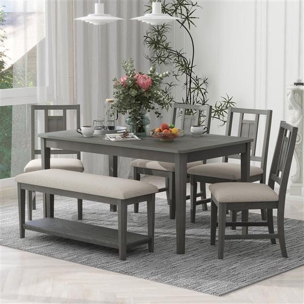 6-piece Retro Dining Set, Minimalist Dining Table and 4 upholstered chairs & 1 bench with a shelf for Dining Room(Dark Gray)