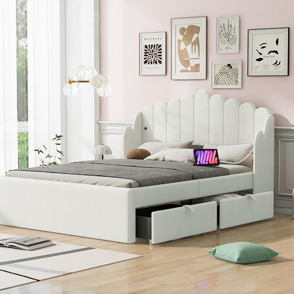 Full Size Upholstered Platform Bed with 4 Drawers and 2 USB, Beige