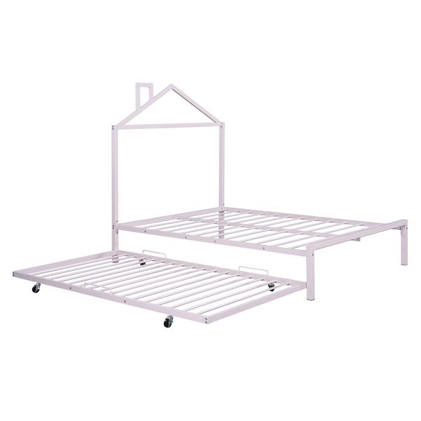 Full Size Metal Platform Bed with twin size trundle,House-Shaped Headboard Design, Pink