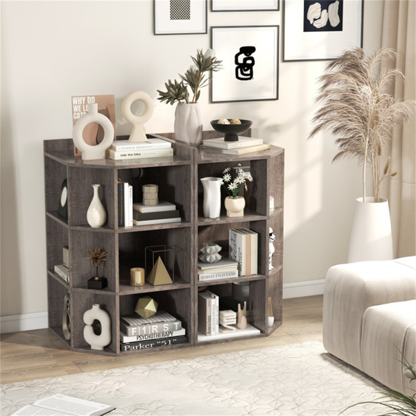 Grey three-layer corner cabinet with charging station