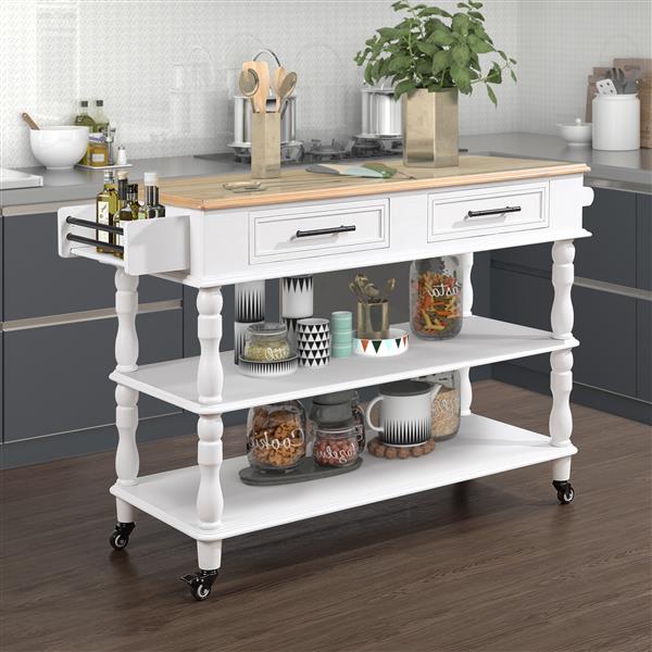 56 inch Rolling Kitchen Island with Storage,Kitchen Cart with Solid OAK Wood Top,Two-sided Kitchen island Cart on Wheels ,Wine and Spice Rack, Large Kitchen Cart with 2 Drawers, Milk White+Natural Top