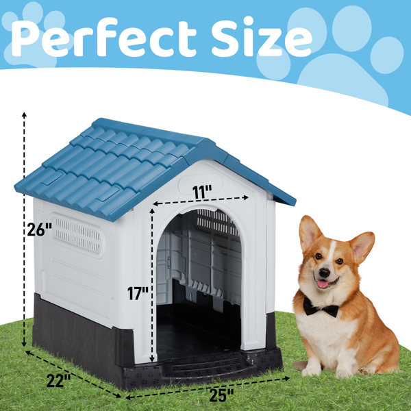 26 inch Plastic Dog House, Indoor Outdoor Doghouse Pet House with Air Vents and Elevated Floor, Insulated Water Resistant Puppy Shelter Kennel for Small Dogs, Blue & White