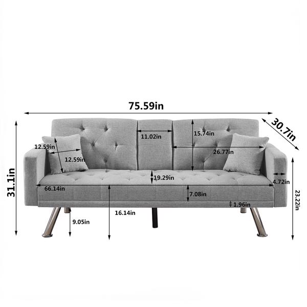 Grey Linen Convertible Sofa and Bed, Square Arm Armrests, Can Hold Water Cup, Two Pillow