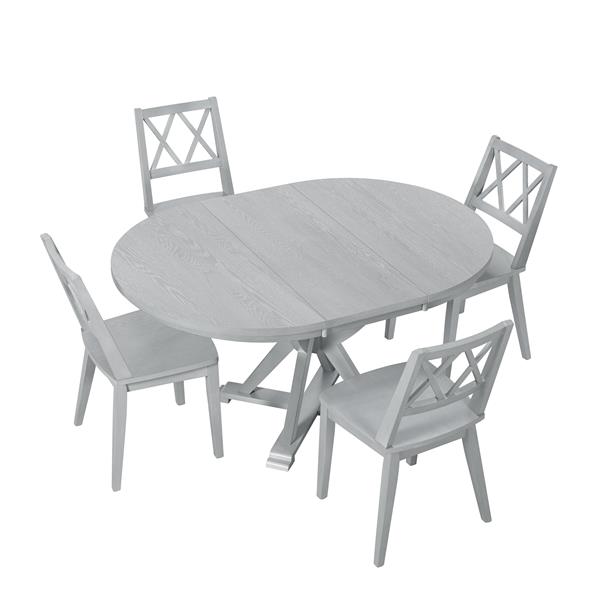 Mid-Century 5-Piece Extendable Round Dining Table Set with 15.7" Removable Leaf and 4 Cross Back Dining Chairs, Grey