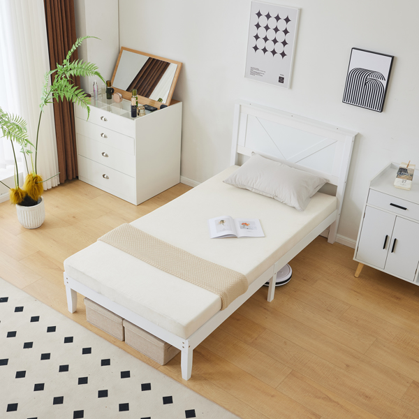 Twin Size Solid Wood Platform Bed Frame with Headboard White