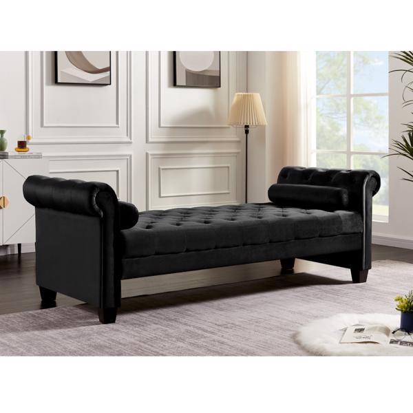 Black,  Solid Wood Legs Velvet Rectangular Sofa Bench with Attached Cylindrical Pillows 