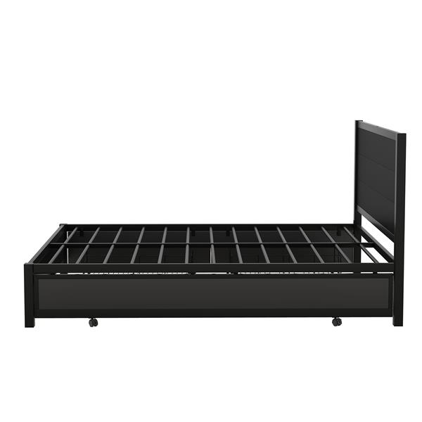 Metal Queen Size Storage Platform Bed with Twin Size Trundle and 2 Drawers, Black