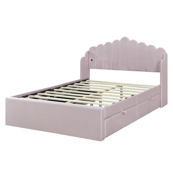 Full Size Upholstered Platform Bed with 4 Drawers and 2 USB, Pink