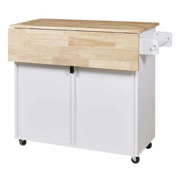 K&K Rolling Kitchen Island with Storage, Kitchen Cart with Rubber Wood Top, Spacious Drawer with Divider and Internal Storage Rack, Kitchen Island on Wheels with Adjustable Shelf Tower Rack, White